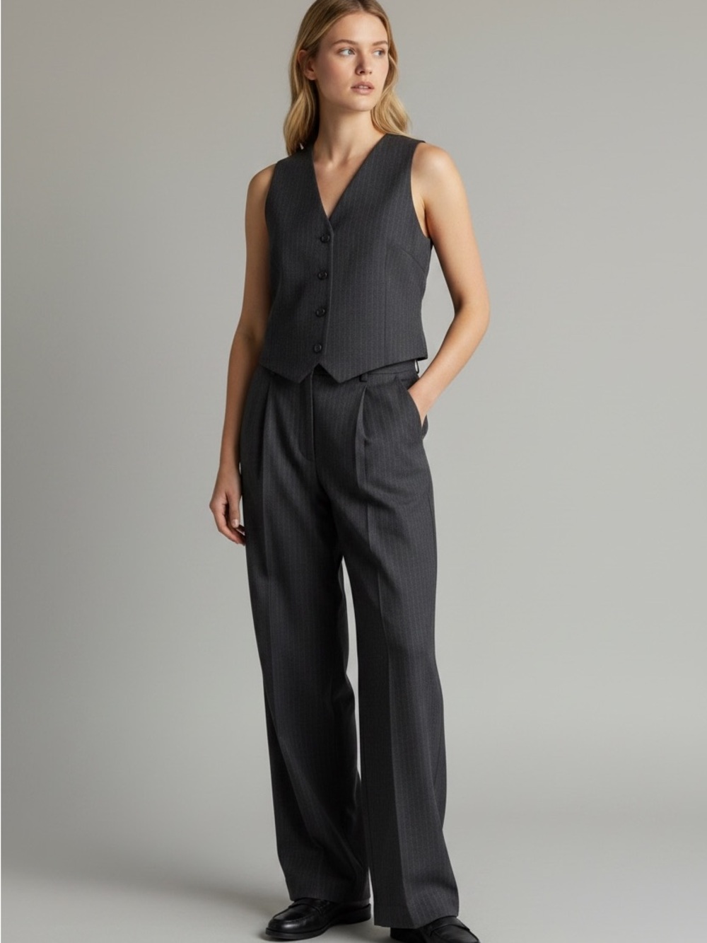 Tailored Charcoal Pinstripe Wide-Leg Trousers with vest